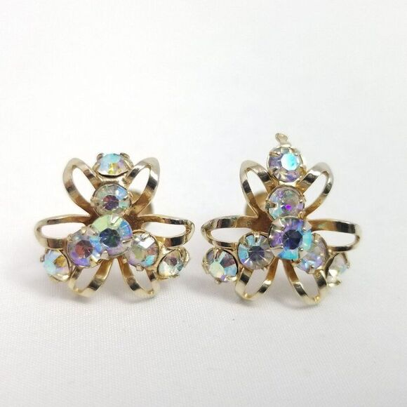 Vintage AB Rhinestone Clip On Earrings, Gold Tone Screw Back Setting, Retro - Picture 1 of 6